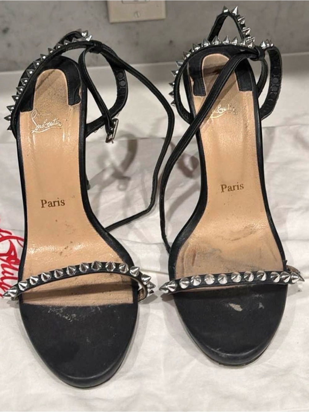 Christian Louboutin Black Leather Studded Ankle-Strap Heels